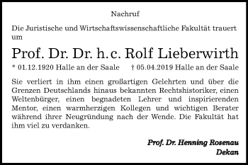 Traueranzeige von Rolf Lieberwirth von Mitteldeutsche Zeitung Halle/Saalkreis