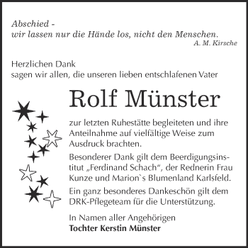 Traueranzeige von Rolf Münster von WVG - Wochenspiegel Wittenberg