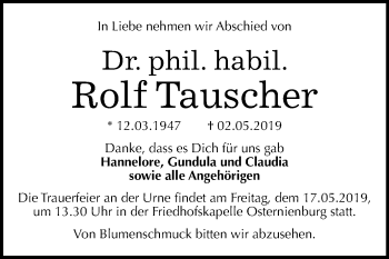 Traueranzeige von Rolf Tauscher von WVG - Wochenspiegel Dessau / Köthen