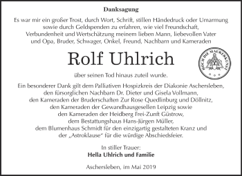 Traueranzeige von Rolf Walter Uhlrich von Super Sonntag Aschersleben