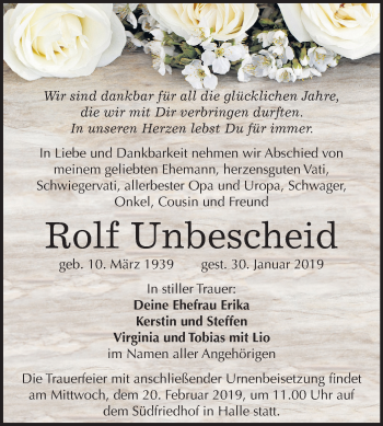 Traueranzeige von Rolf Unbescheid von Mitteldeutsche Zeitung Halle/Saalkreis