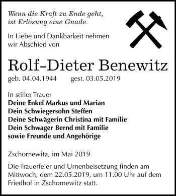 Traueranzeige von Rolf Dieter Benewitz von WVG - Wochenspiegel Wittenberg