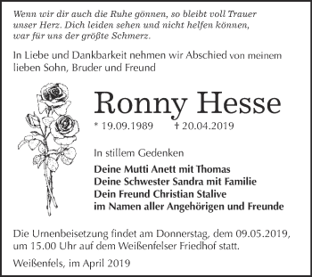 Traueranzeige von Ronny Hesse von WVG - Wochenspiegel NMB / WSF / ZTZ