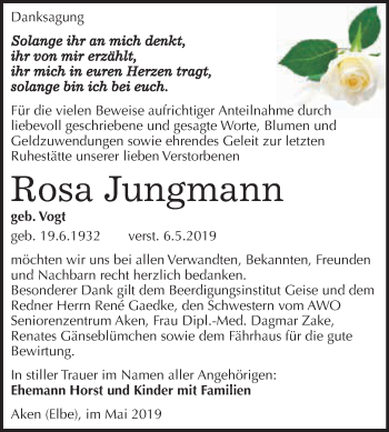 Traueranzeige von Rosa Jungmann von WVG - Wochenspiegel Dessau / Köthen