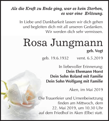 Traueranzeige von Rosa Jungmann von WVG - Wochenspiegel Dessau / Köthen