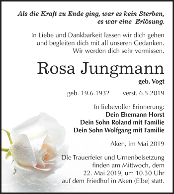 Traueranzeige von Rosa Jungmann von Mitteldeutsche Zeitung Köthen