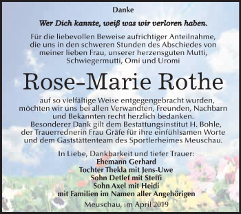 Traueranzeige von Rose-Marie Rothe von WVG - Wochenspiegel Merseburg