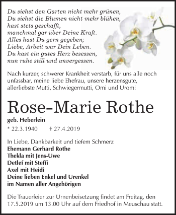 Traueranzeige von Rose-Marie Rothe von WVG - Wochenspiegel Merseburg