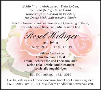 Traueranzeige von Rosel Hilliger von Mitteldeutsche Zeitung