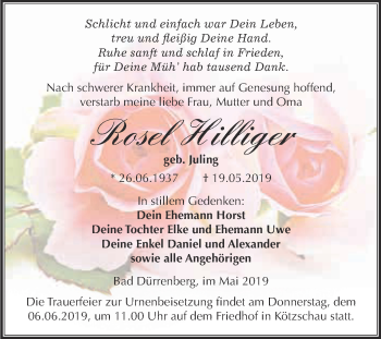 Traueranzeige von Rosel Hilliger von Super Sonntag Merseburg