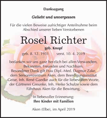 Traueranzeige von Rosel Richter von WVG - Wochenspiegel Dessau / Köthen