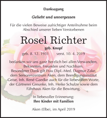 Traueranzeige von Rosel Richter von Mitteldeutsche Zeitung Köthen