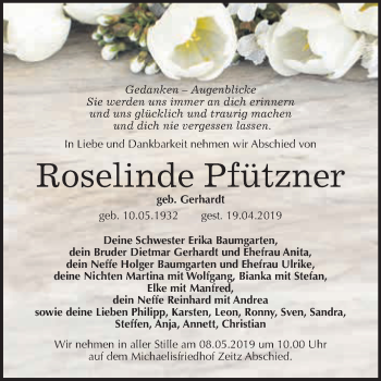 Traueranzeige von Roselinde Pfützner von WVG - Wochenspiegel NMB / WSF / ZTZ