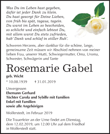 Traueranzeige von Rosemarie Gabel von Mitteldeutsche Zeitung Sangerhausen