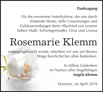 Traueranzeige von Rosemarie Klemm von Mitteldeutsche Zeitung Halle/Saalkreis