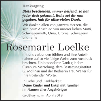 Traueranzeige von Rosemarie Loelke von WVG - Wochenspiegel Merseburg