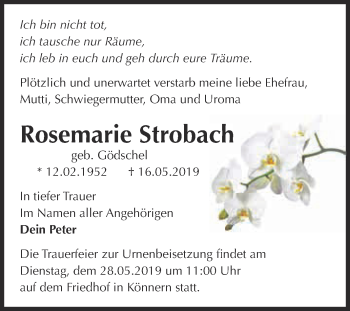 Traueranzeige von Rosemarie Strobach von WVG - Wochenspiegel Bernburg