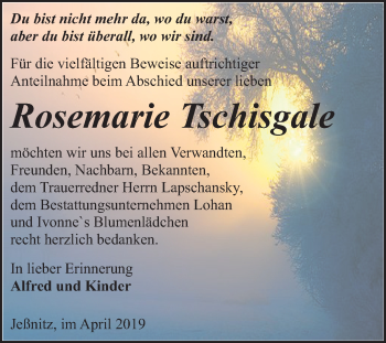 Traueranzeige von Rosemarie Tschisgale von Mitteldeutsche Zeitung Bitterfeld