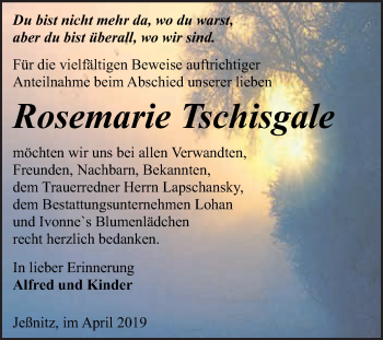 Traueranzeige von Rosemarie Tschisgale von WVG - Wochenspiegel Bitterfeld