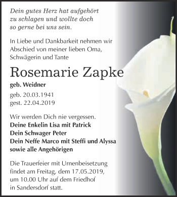 Traueranzeige von Rosemarie Zapk von WVG - Wochenspiegel Bitterfeld