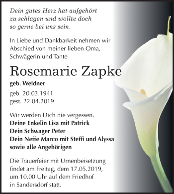 Traueranzeige von Rosemarie Zapke von Mitteldeutsche Zeitung Bitterfeld