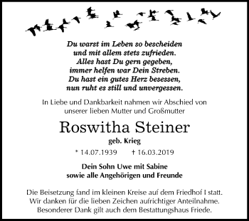Traueranzeige von Roswitha Steiner von Mitteldeutsche Zeitung Dessau-Roßlau