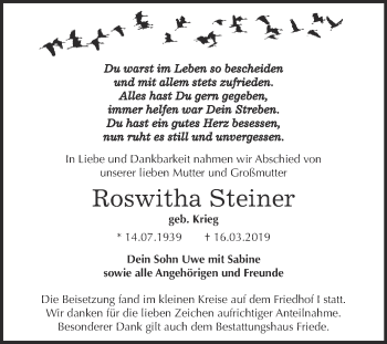 Traueranzeige von Roswitha Steiner von WVG - Wochenspiegel Dessau / Köthen