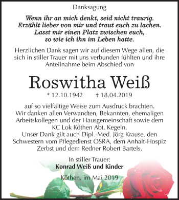 Traueranzeige von Roswitha Weiß von Mitteldeutsche Zeitung Köthen