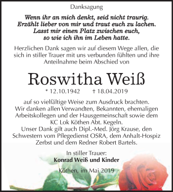 Traueranzeige von Roswitha Weiß von WVG - Wochenspiegel Dessau / Köthen
