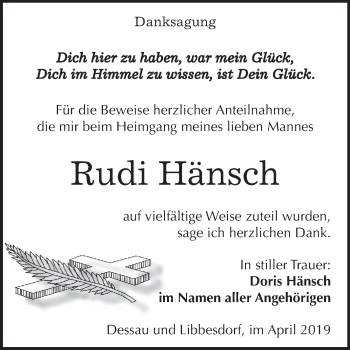 Traueranzeige von Rudi Hänsch von WVG - Wochenspiegel Dessau / Köthen