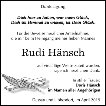 Traueranzeige von Rudi Hänsch von Mitteldeutsche Zeitung
