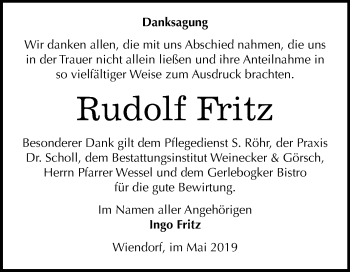 Traueranzeige von Rudolf Fritz von Mitteldeutsche Zeitung Bernburg