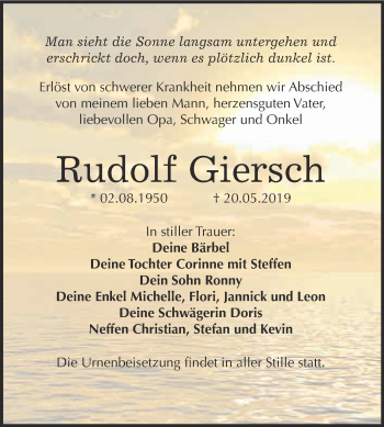 Traueranzeige von Rudolf Giersch von WVG - Wochenspiegel Wittenberg
