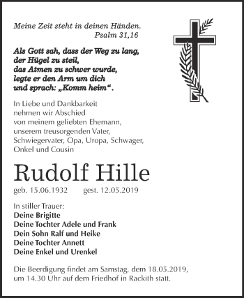 Traueranzeige von Rudolf Hille von WVG - Wochenspiegel Wittenberg