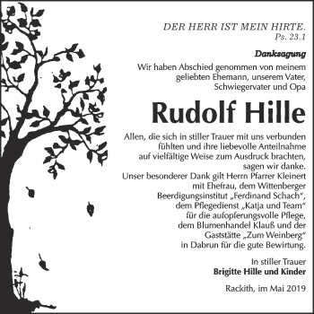 Traueranzeige von Rudolf Hille von WVG - Wochenspiegel Wittenberg