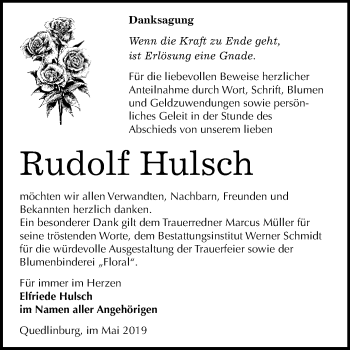 Traueranzeige von Rudolf Hulsch von WVG - Wochenspiegel Quedlinburg