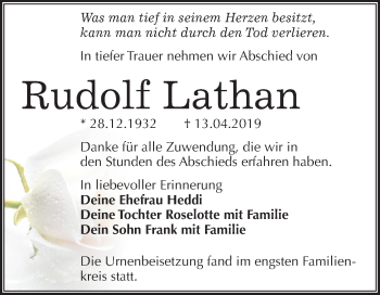 Traueranzeige von Rudolf Lathan von Mitteldeutsche Zeitung Mansfelder Land