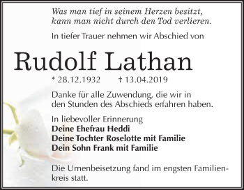 Traueranzeige von Rudolf Lathan von Super Sonntag SGH Mansf. Land