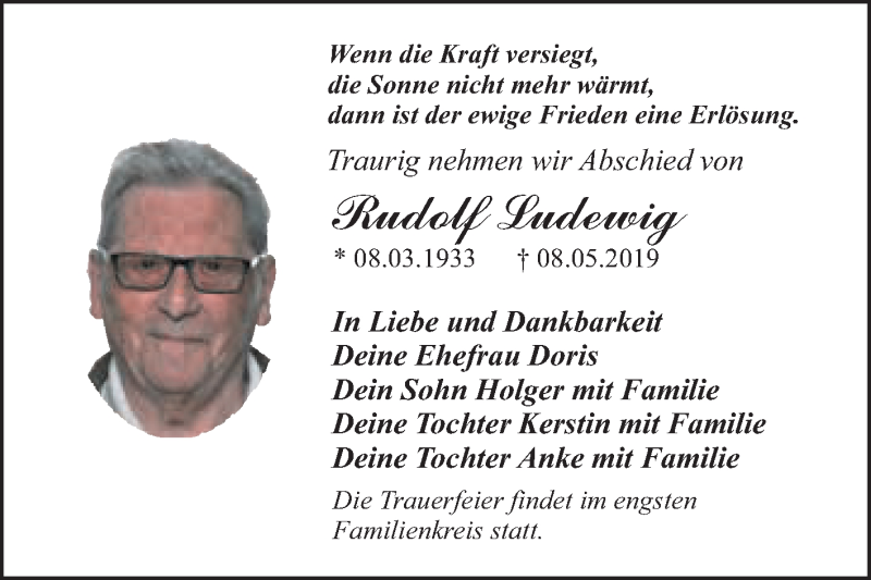  Traueranzeige für Rudolf Ludewig vom 18.05.2019 aus WVG - Wochenspiegel Dessau / Köthen