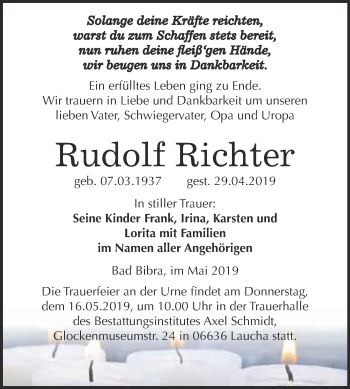 Traueranzeige von Rudolf Richter von WVG - Wochenspiegel NMB / WSF / ZTZ
