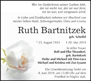 Traueranzeige von Ruth Bartnitzek von WVG - Wochenspiegel NMB / WSF / ZTZ