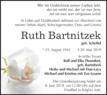 Traueranzeige von Ruth Bartnitzek von Mitteldeutsche Zeitung