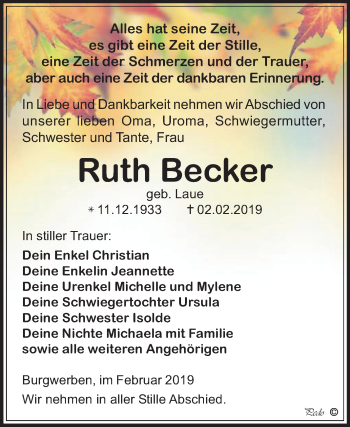 Traueranzeige von Ruth Becker von Mitteldeutsche Zeitung Weißenfels