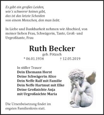 Traueranzeige von Ruth Becker von WVG - Wochenspiegel NMB / WSF / ZTZ