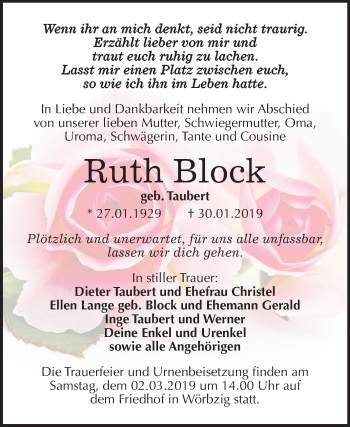 Traueranzeige von Ruth Block von Mitteldeutsche Zeitung Köthen