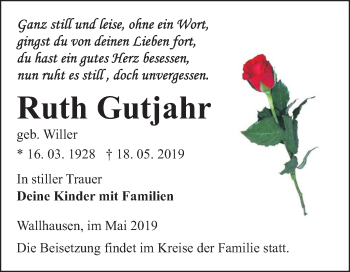 Traueranzeige von Ruth Gutjahr von Super Sonntag SGH Mansf. Land