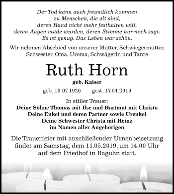 Traueranzeige von Ruth Horn von Mitteldeutsche Zeitung Bitterfeld