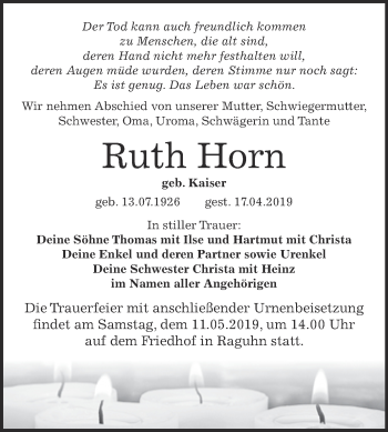 Traueranzeige von Ruth Horn von WVG - Wochenspiegel Bitterfeld
