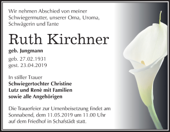 Traueranzeige von Ruth Kirchner von Mitteldeutsche Zeitung