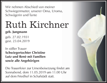 Traueranzeige von Ruth Kirchner von WVG - Wochenspiegel Merseburg
